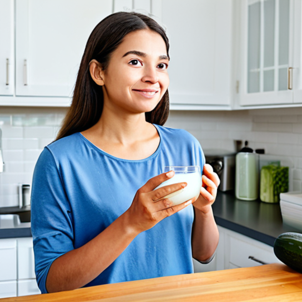A healthy individual, fully clothed in comfortable, modest attire, holding a clear glass of fresh water with a calm and serene expression. The background features a bright, clean kitchen counter displaying a variety of bladder-friendly foods such as fresh cucumbers, vibrant blueberries, and a bowl of whole grains. The scene emphasizes a lifestyle of wellness and proper hydration. Perfect anatomy, correct proportions, natural pose, well-formed hands, proper finger count. Professional photography, high-resolution, vibrant colors, appropriate content, safe for work, family-friendly.