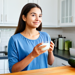 A healthy individual, fully clothed in comfortable, modest attire, holding a clear glass of fresh water with a calm and serene expression. The background features a bright, clean kitchen counter displaying a variety of bladder-friendly foods such as fresh cucumbers, vibrant blueberries, and a bowl of whole grains. The scene emphasizes a lifestyle of wellness and proper hydration. Perfect anatomy, correct proportions, natural pose, well-formed hands, proper finger count. Professional photography, high-resolution, vibrant colors, appropriate content, safe for work, family-friendly.
