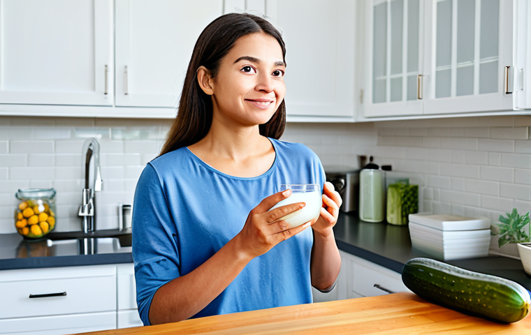 A healthy individual, fully clothed in comfortable, modest attire, holding a clear glass of fresh water with a calm and serene expression. The background features a bright, clean kitchen counter displaying a variety of bladder-friendly foods such as fresh cucumbers, vibrant blueberries, and a bowl of whole grains. The scene emphasizes a lifestyle of wellness and proper hydration. Perfect anatomy, correct proportions, natural pose, well-formed hands, proper finger count. Professional photography, high-resolution, vibrant colors, appropriate content, safe for work, family-friendly.
