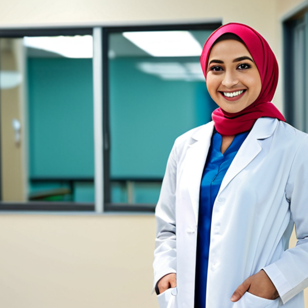 **

"A professional female doctor wearing a modest hijab and lab coat, smiling warmly in a modern hospital setting, fully clothed, appropriate attire, safe for work, perfect anatomy, natural proportions, professional photography, high quality, family-friendly."

**