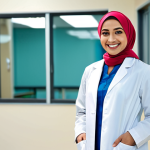 **

"A professional female doctor wearing a modest hijab and lab coat, smiling warmly in a modern hospital setting, fully clothed, appropriate attire, safe for work, perfect anatomy, natural proportions, professional photography, high quality, family-friendly."

**