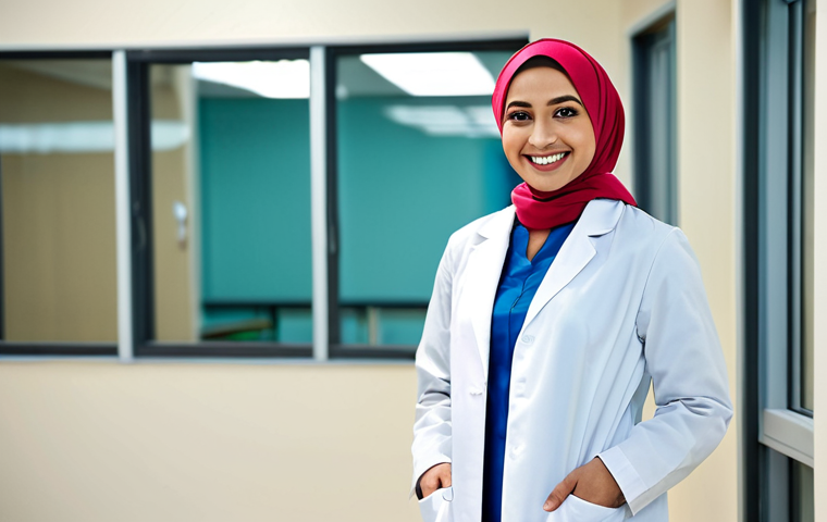 **

"A professional female doctor wearing a modest hijab and lab coat, smiling warmly in a modern hospital setting, fully clothed, appropriate attire, safe for work, perfect anatomy, natural proportions, professional photography, high quality, family-friendly."

**