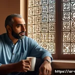 소변이 자주 마려운 원인과 치료법 - A middle-aged Arab man sitting thoughtfully in a modern living room decorated with traditional Middl...