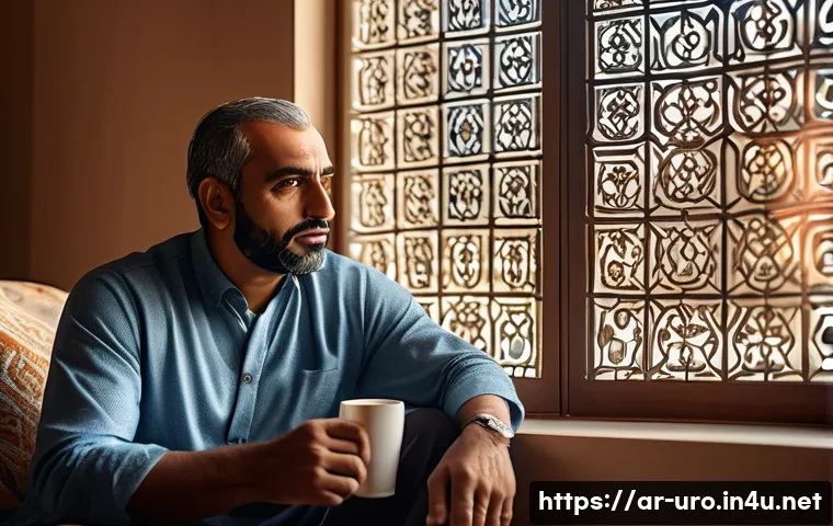 소변이 자주 마려운 원인과 치료법 - A middle-aged Arab man sitting thoughtfully in a modern living room decorated with traditional Middl...