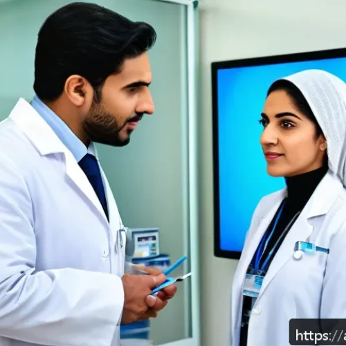 비뇨기과에서 다루는 성병 종류 - A professional Middle Eastern doctor in a modern clinic setting, wearing a white lab coat and a stet...