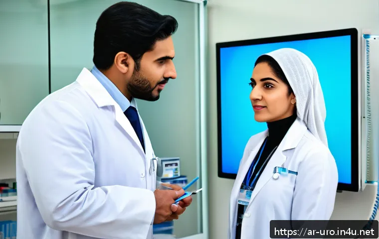 비뇨기과에서 다루는 성병 종류 - A professional Middle Eastern doctor in a modern clinic setting, wearing a white lab coat and a stet...
