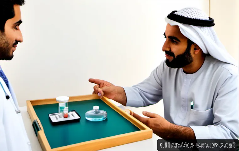 전립선 비대증 수술과 약물 치료 비교 - Photorealistic hospital consultation in a modern Middle Eastern clinic, an older Arab man in modest ...