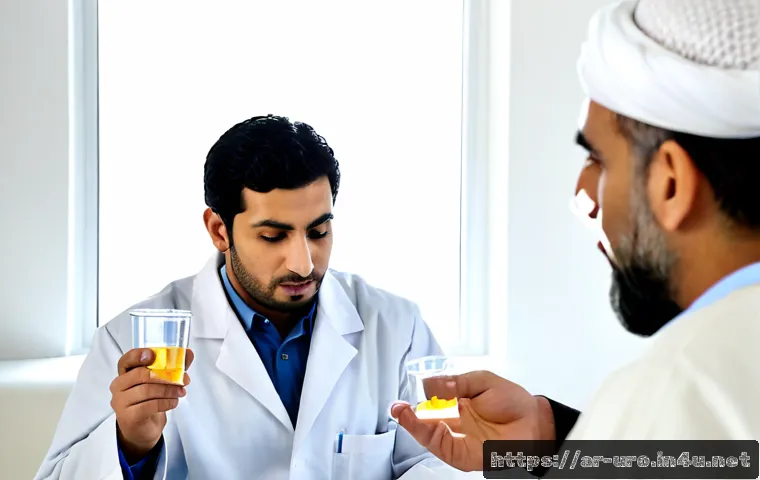 소변 색으로 확인하는 전립선 건강 - Photorealistic Middle Eastern male doctor in a clean modern clinic, wearing a white coat and examini...