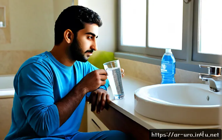 소변 냄새가 심한 원인과 개선법 - Photorealistic health-conscious Arab man in modest casual clothing sitting at a clean bathroom vanit...