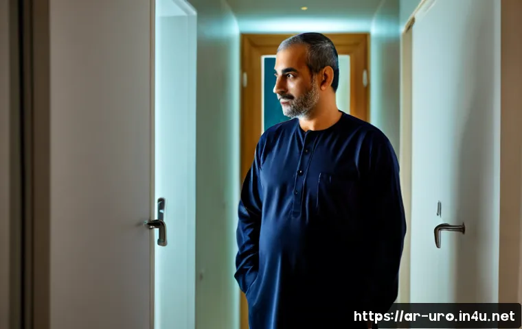 소변을 자주 보고 싶은 원인과 치료 - Photorealistic Middle Eastern man in his late 50s wearing modest long-sleeved home clothing, standin...